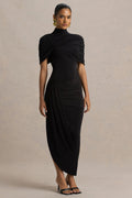 Enchant | Black Asymmetric Twisted Cape Midi Dress