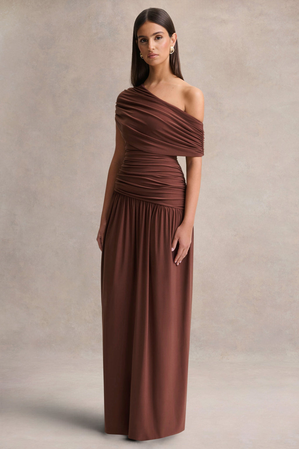 Emberly | Brown Draped Asymmetric-Neck Maxi Dress With Drop-Waist