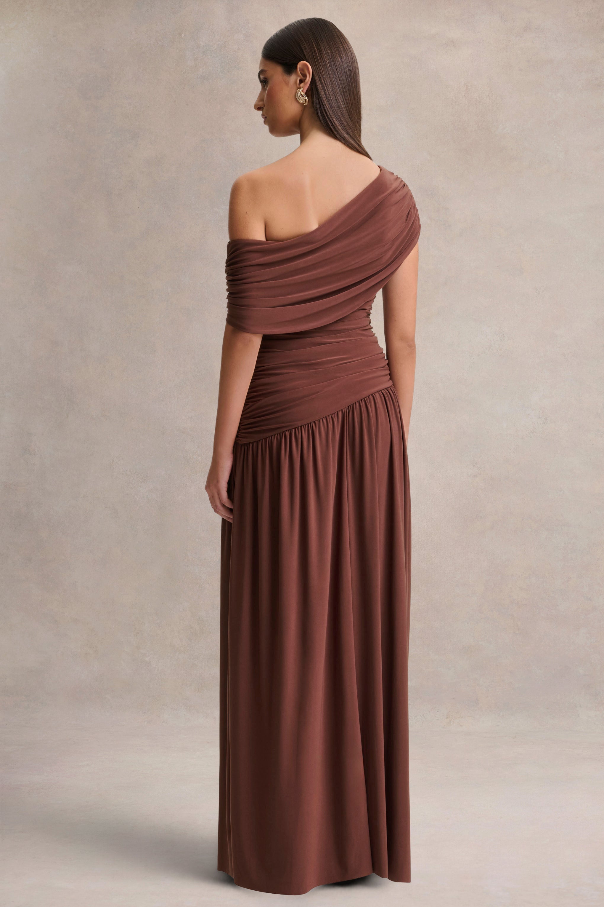 Emberly | Brown Draped Asymmetric-Neck Maxi Dress With Drop-Waist
