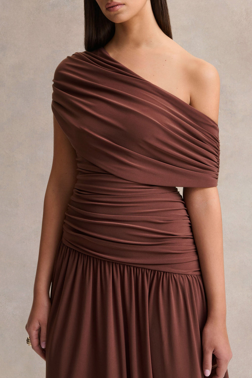Emberly | Brown Draped Asymmetric-Neck Maxi Dress With Drop-Waist