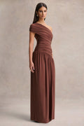 Emberly | Brown Draped Asymmetric-Neck Maxi Dress With Drop-Waist
