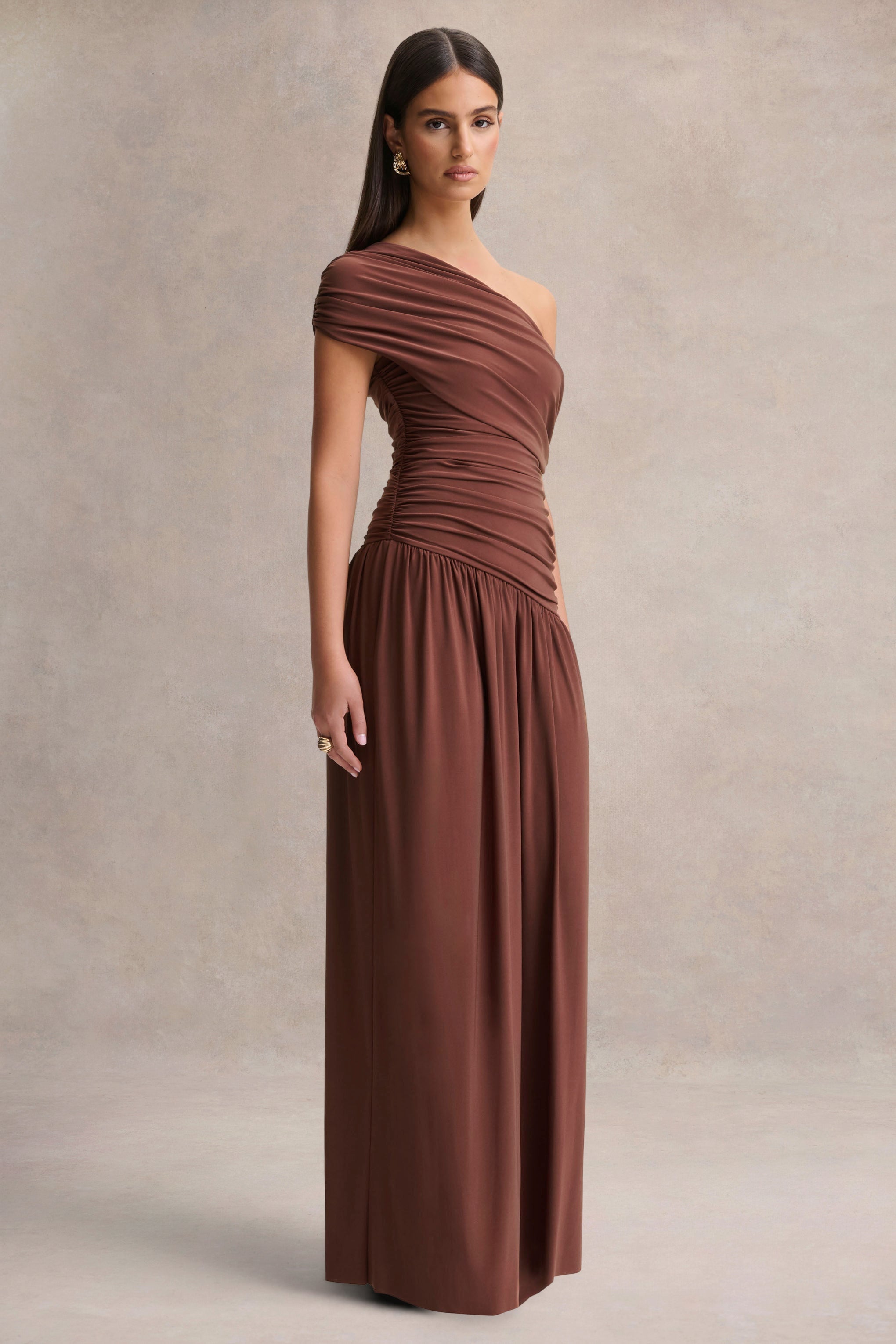 Emberly | Brown Draped Asymmetric-Neck Maxi Dress With Drop-Waist