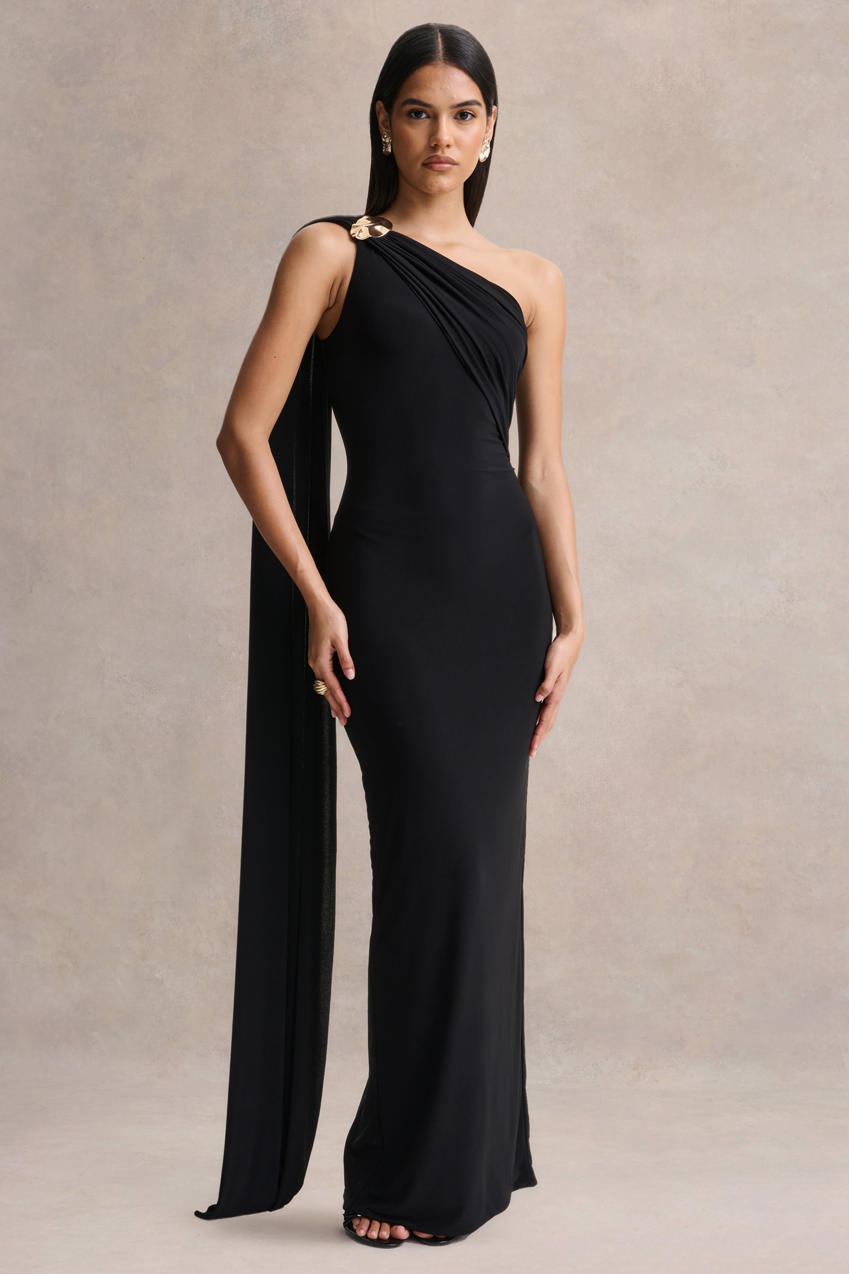 Mandy | Black Asymmetric-Neck Maxi Dress