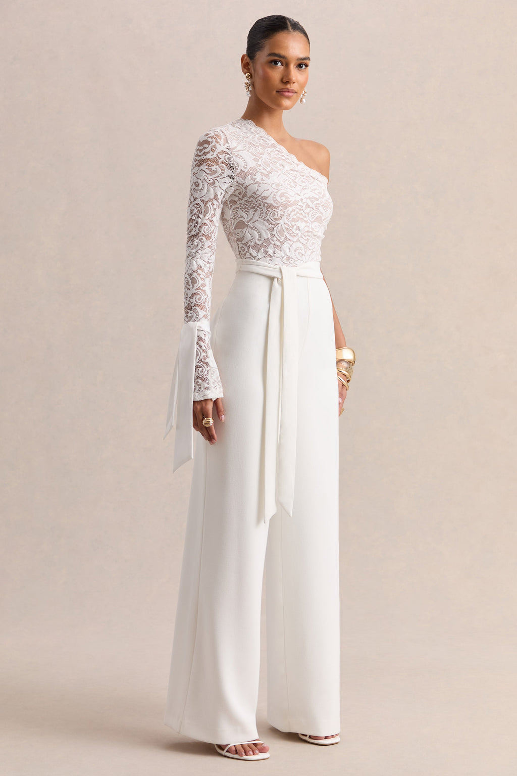 Clarence | White Lace Asymmetric-Neck Jumpsuit With Bow-Details