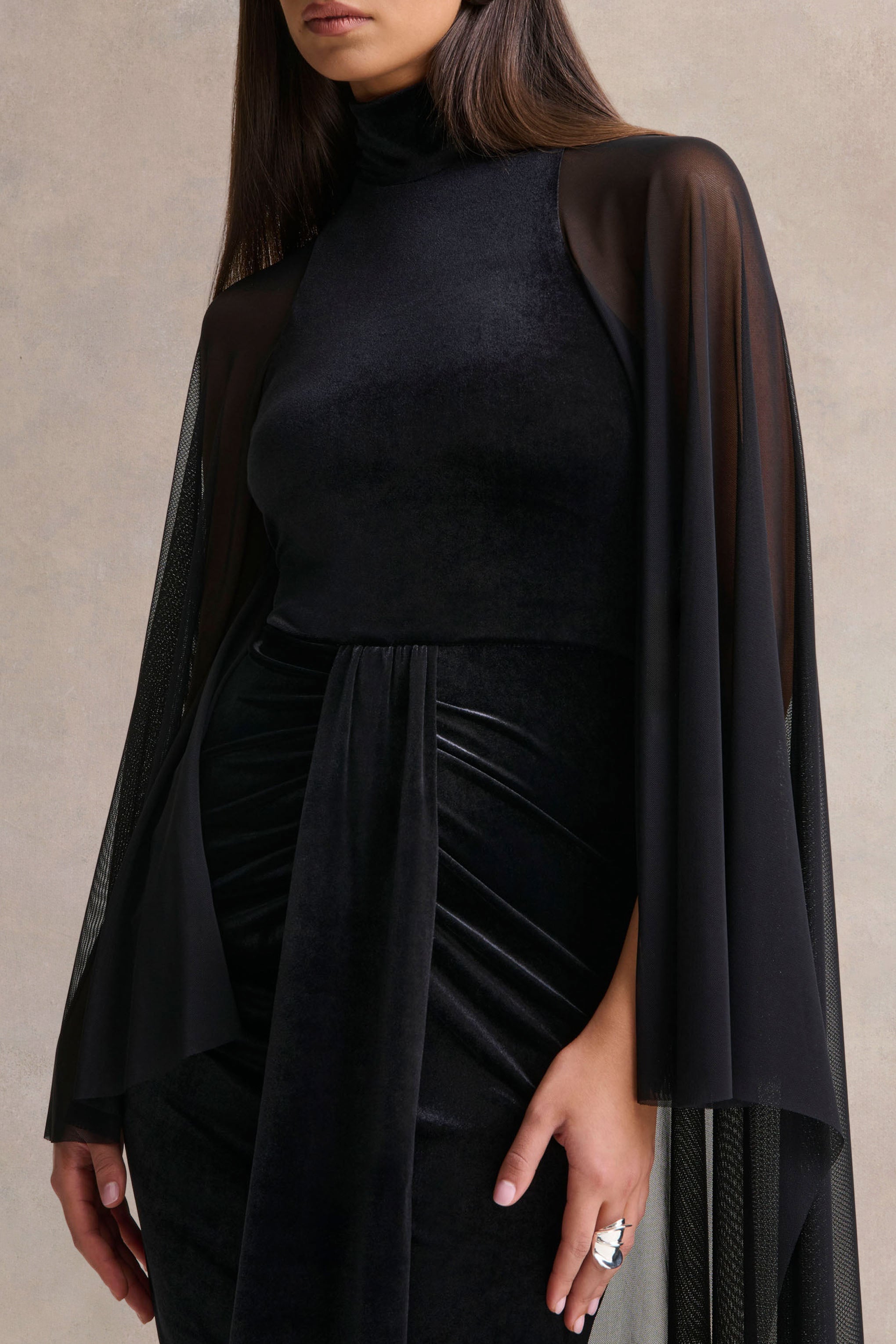 Adoring | Black Velvet High-Neck Maxi Dress With Cape