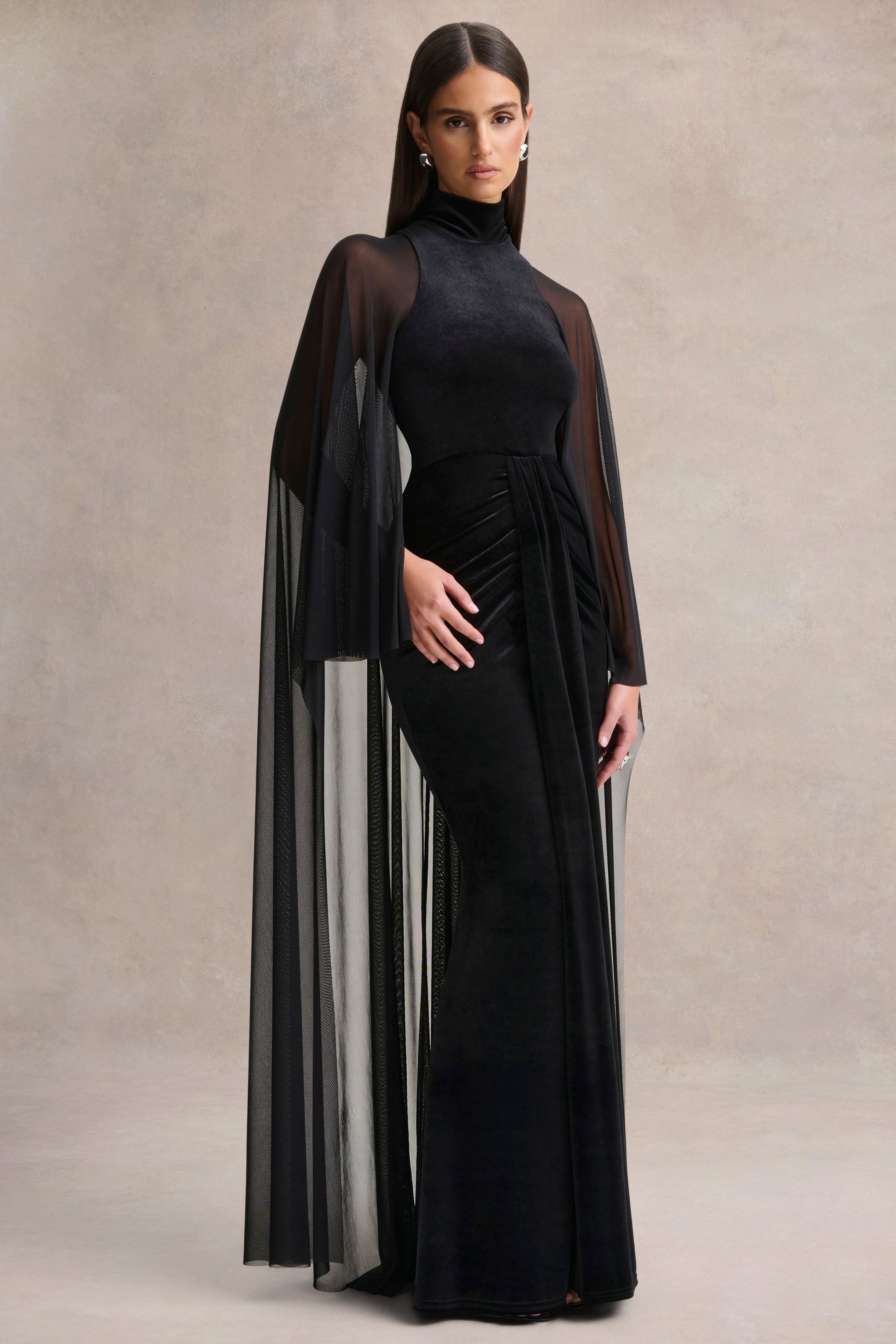 Adoring | Black Velvet High-Neck Maxi Dress With Cape