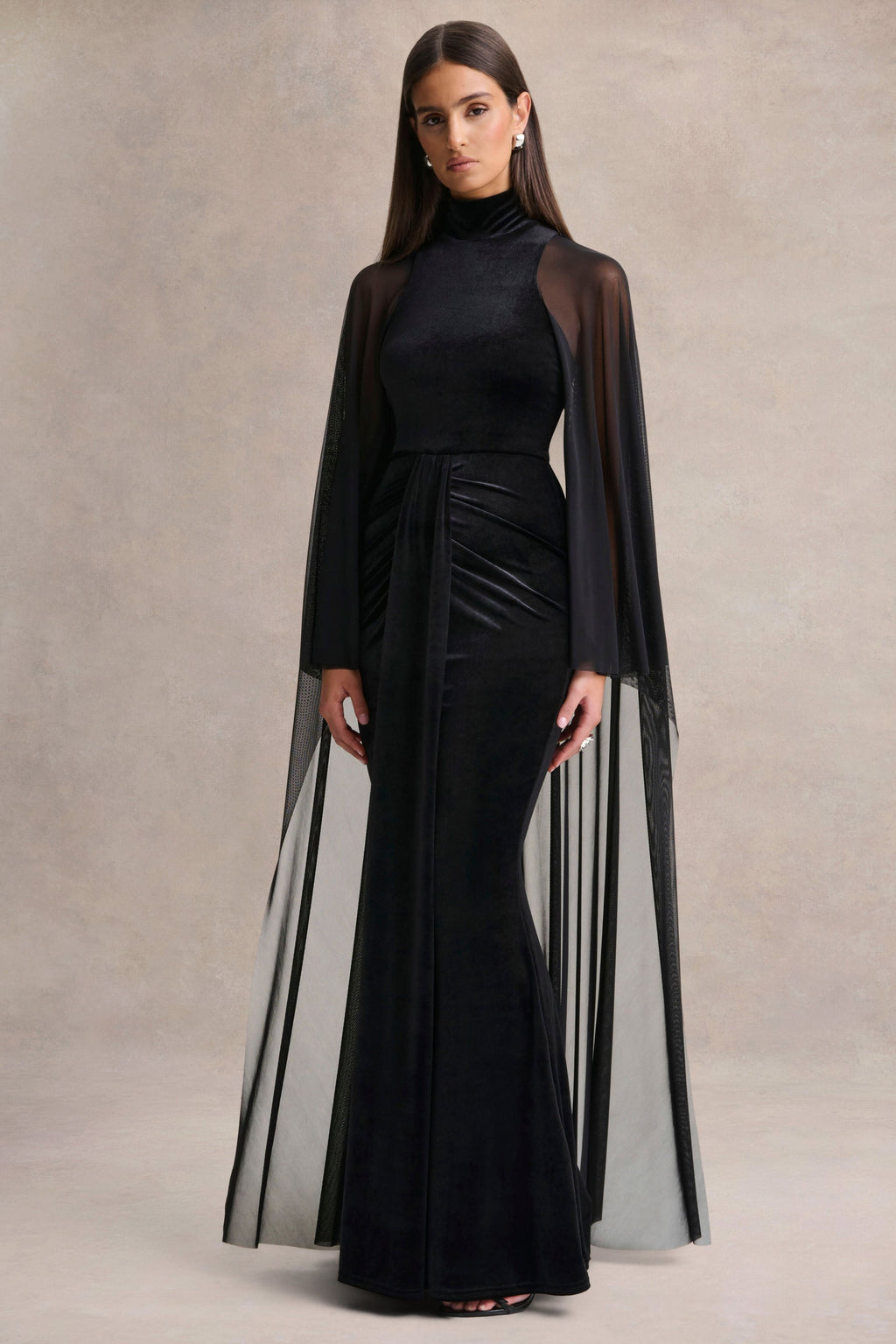 Adoring | Black Velvet High-Neck Maxi Dress With Cape