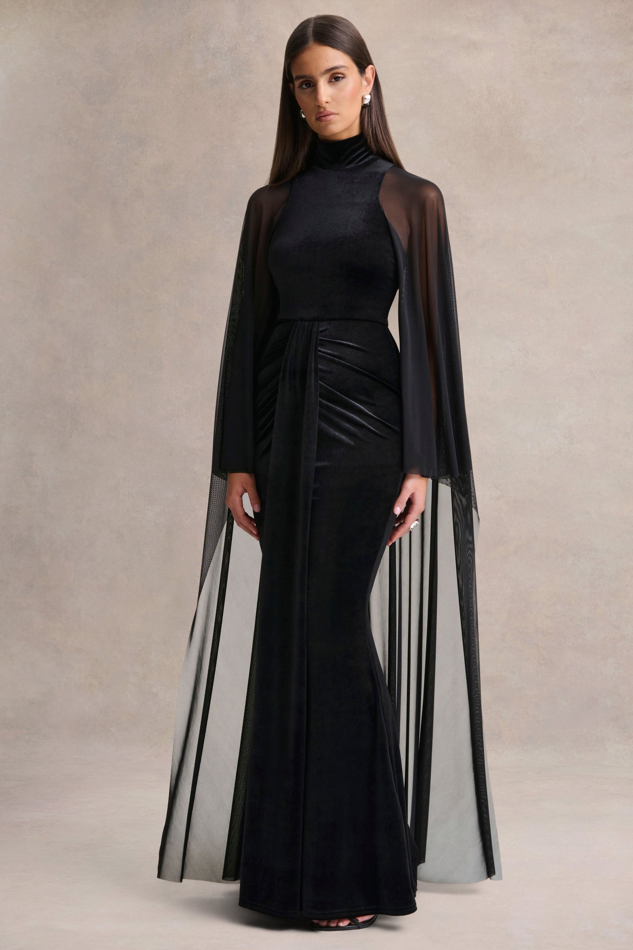 Adoring | Black Velvet High-Neck Maxi Dress With Cape