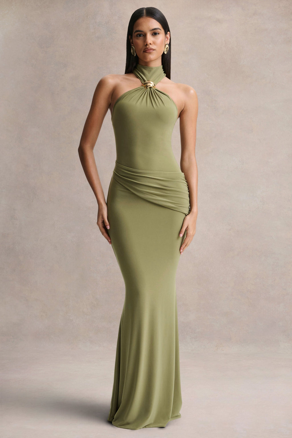 Polina | Olive High-Neck Maxi Dress With Drape And Gold-Detail