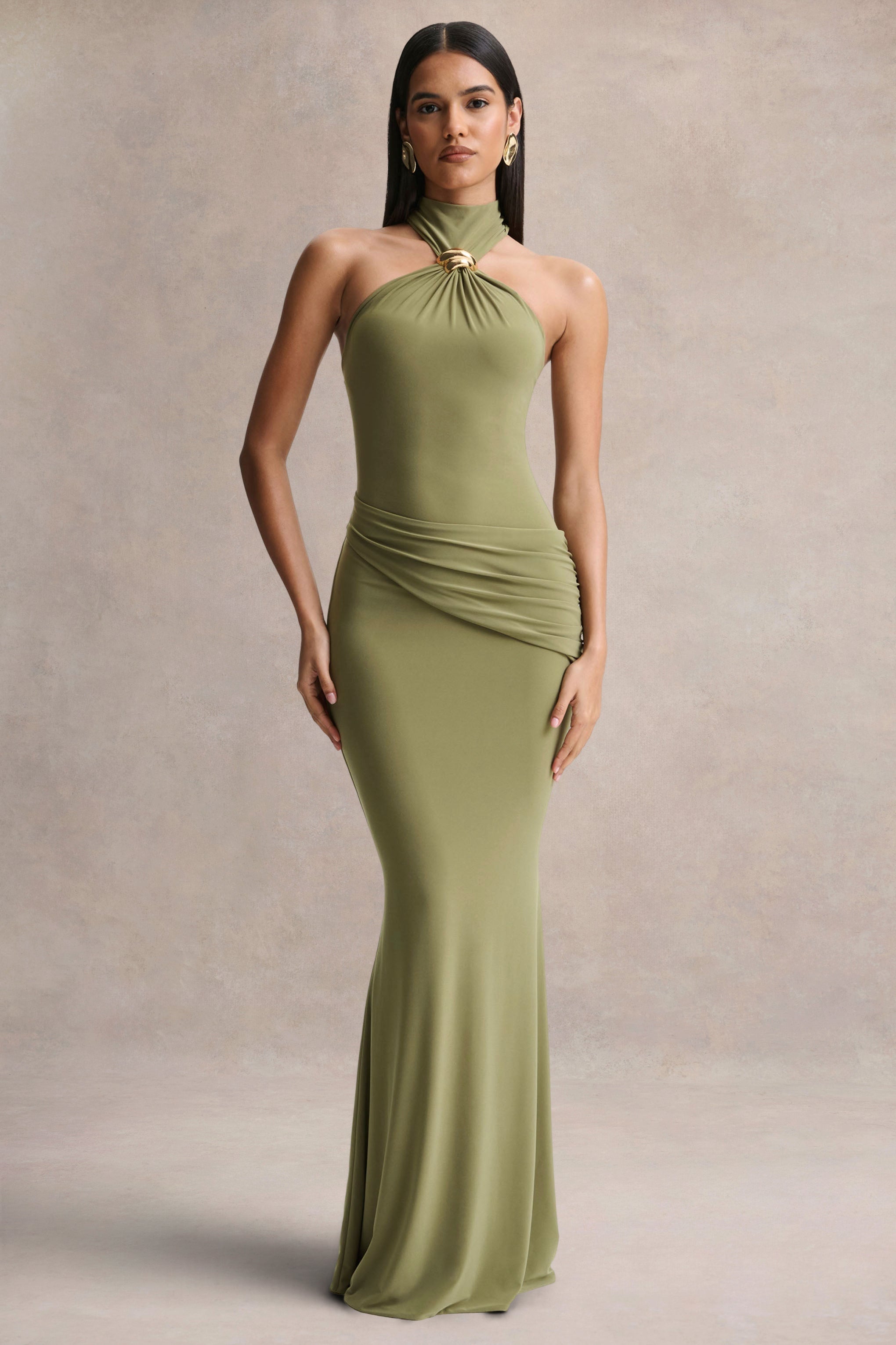 Polina | Olive High-Neck Maxi Dress With Drape And Gold-Detail
