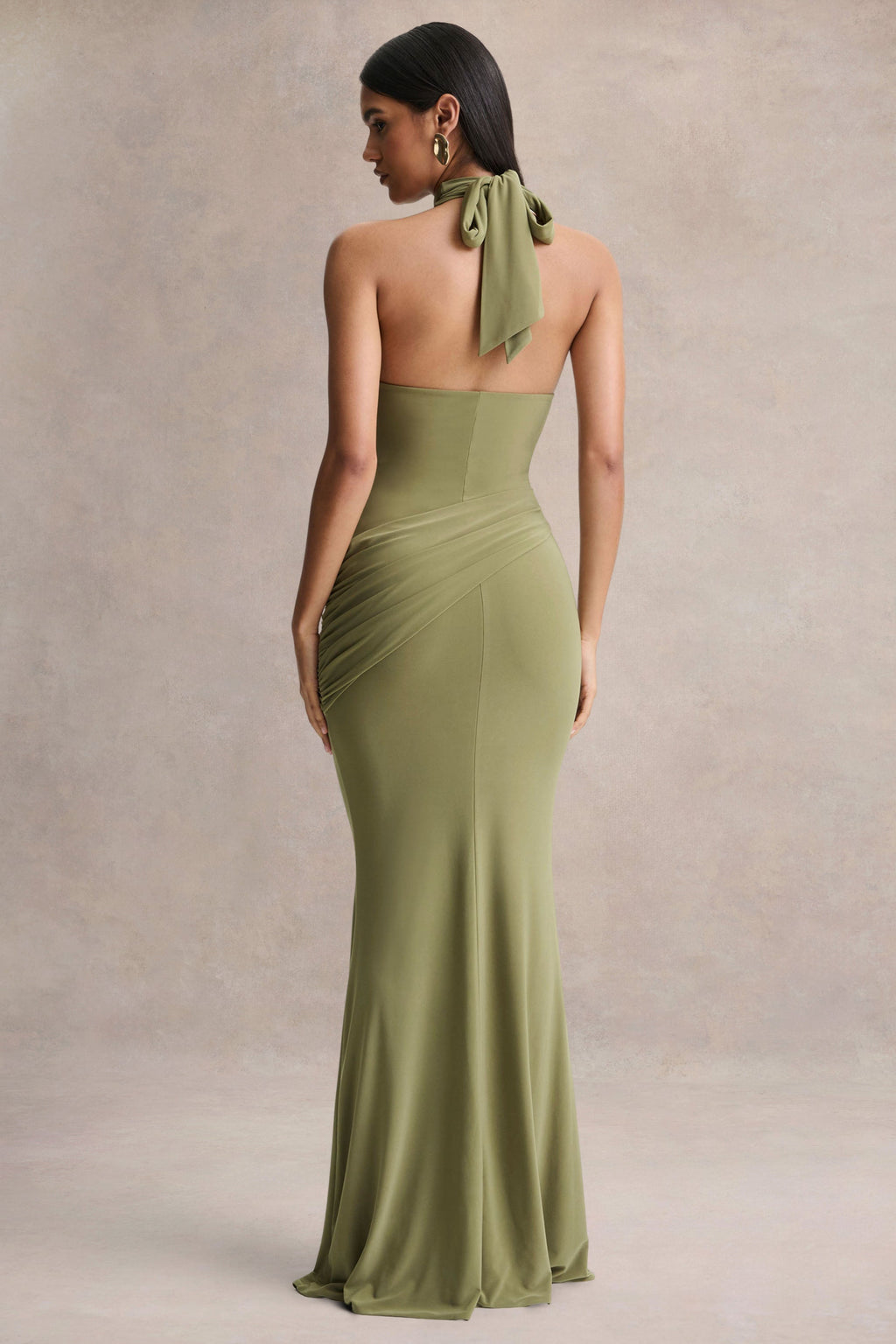 Polina | Olive High-Neck Maxi Dress With Drape And Gold-Detail