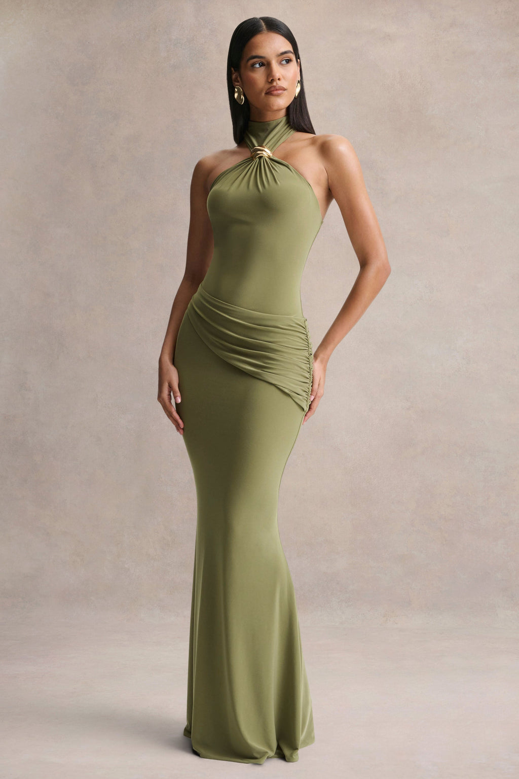 Polina | Olive High-Neck Maxi Dress With Drape And Gold-Detail