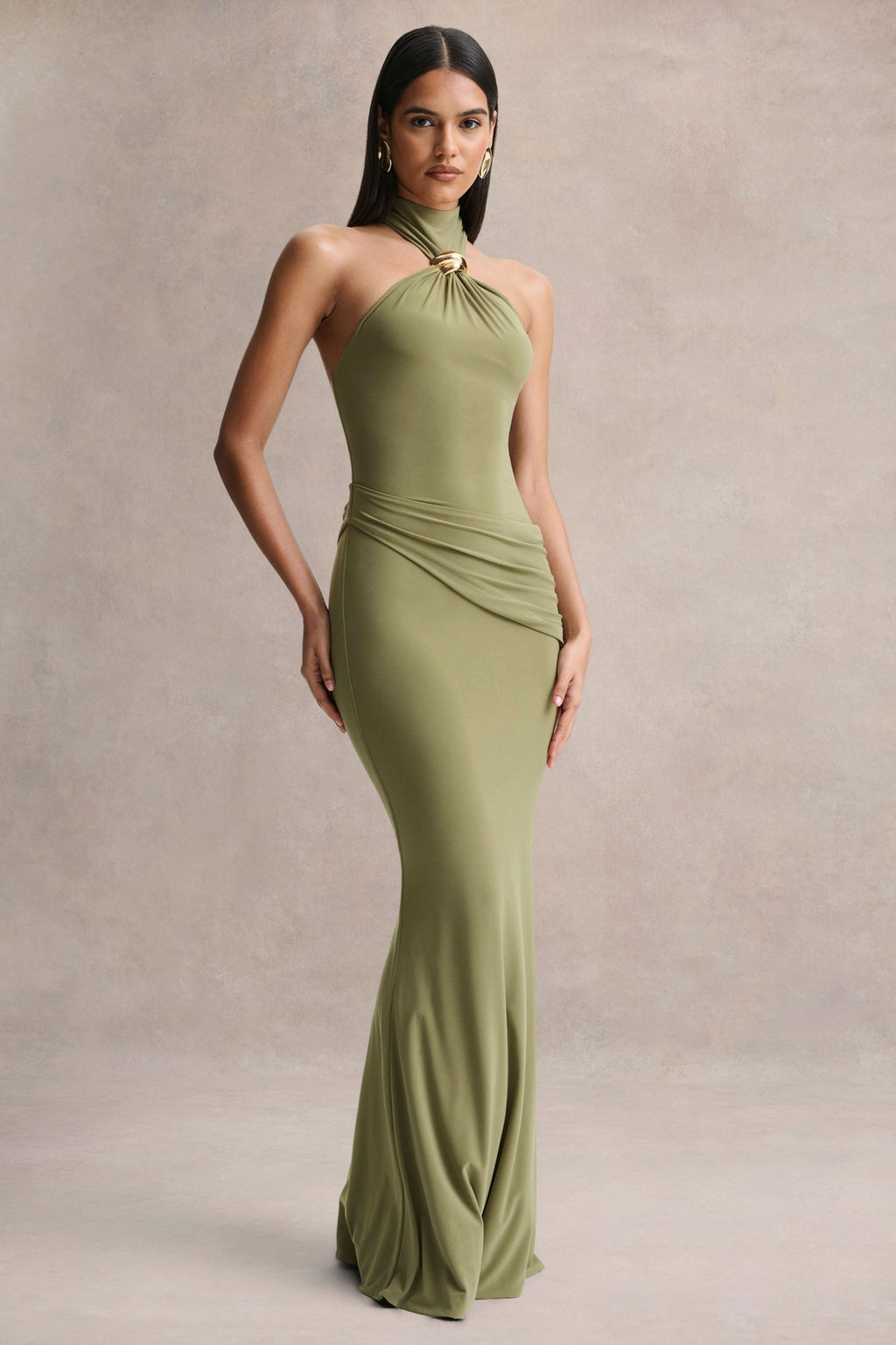 Polina | Olive High-Neck Maxi Dress With Drape And Gold-Detail