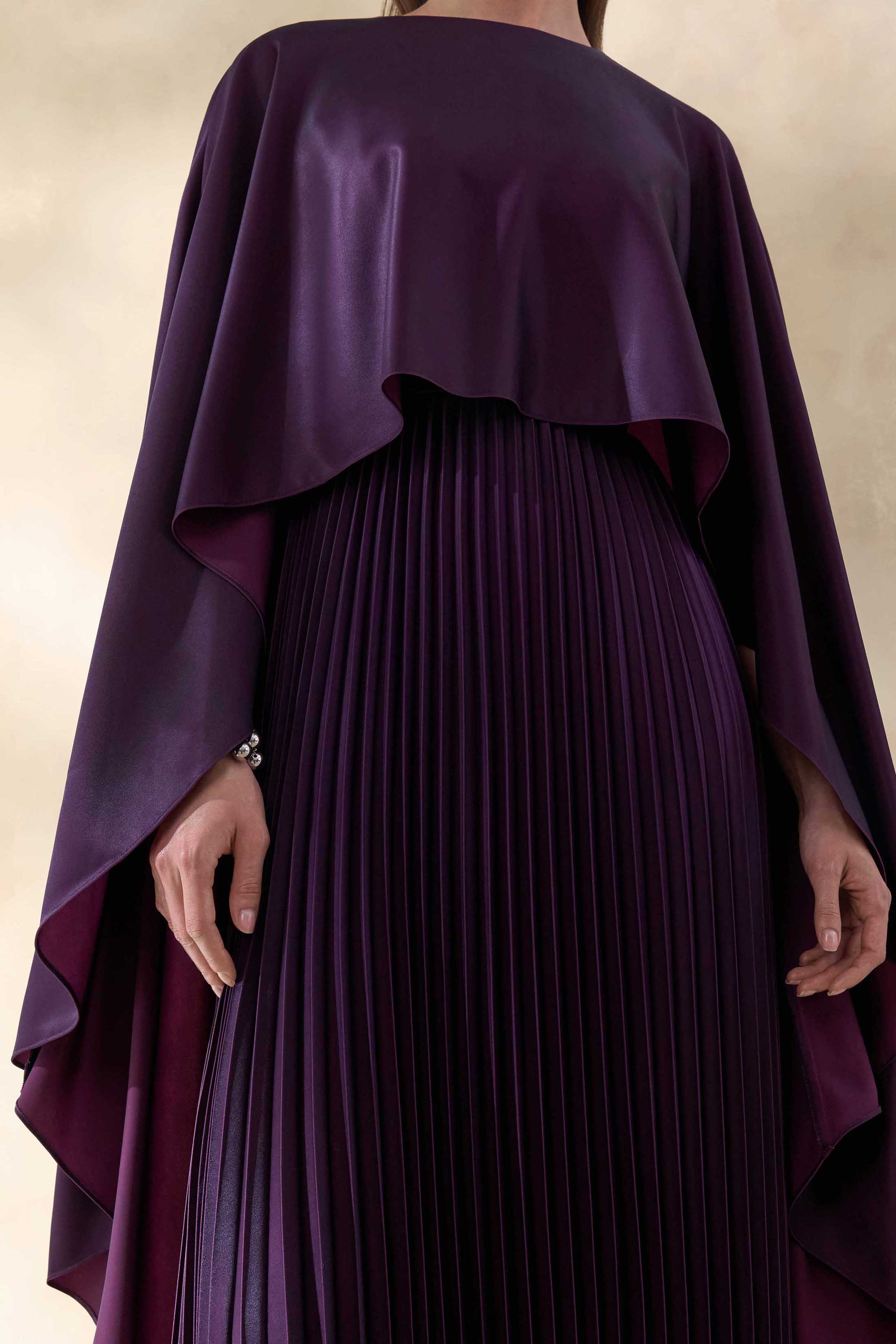 Loradia | Dark Plum Satin Round-Neck Maxi Dress With Cape-Sleeves And Pleated-Skirt