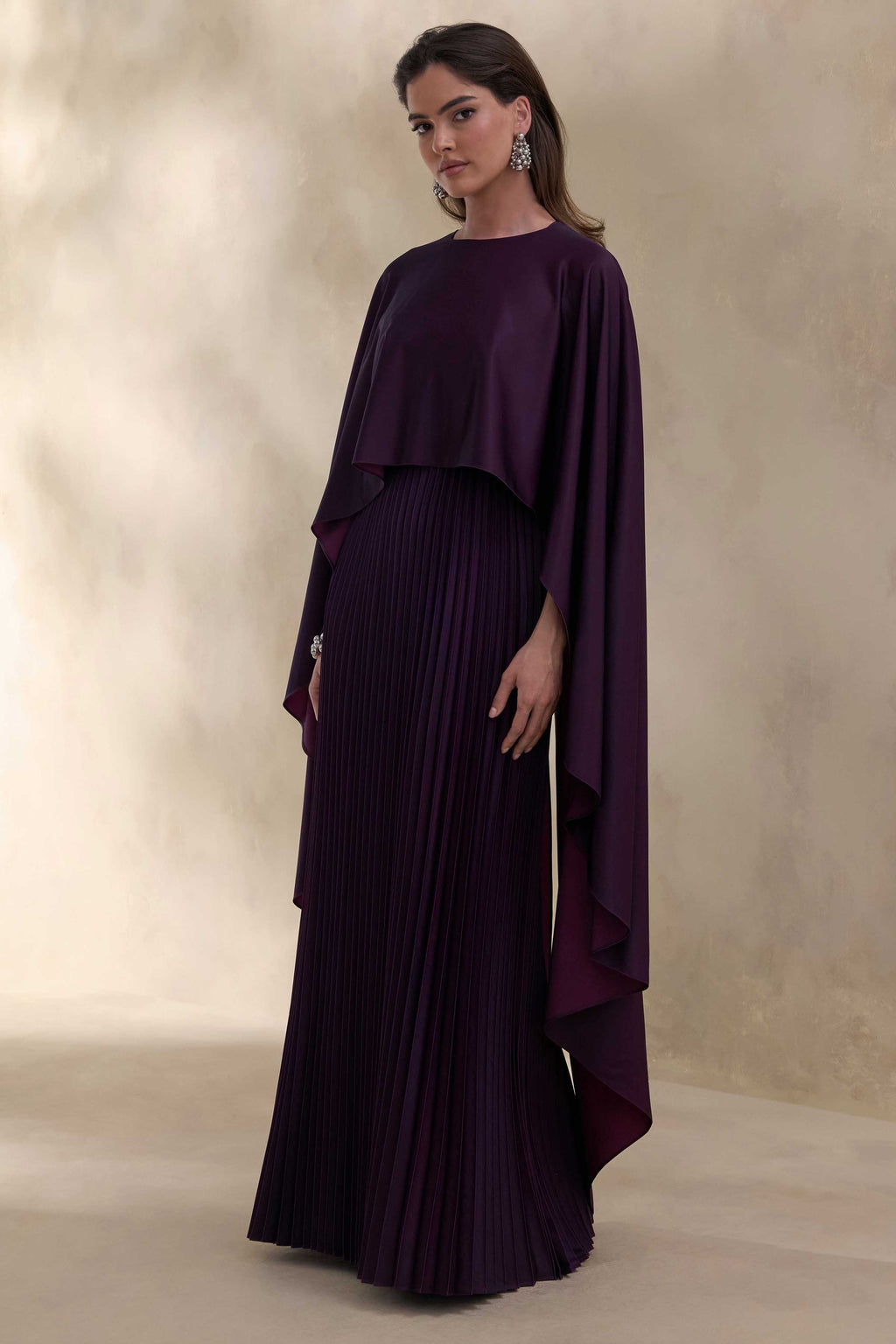 Loradia | Dark Plum Satin Round-Neck Maxi Dress With Cape-Sleeves And Pleated-Skirt