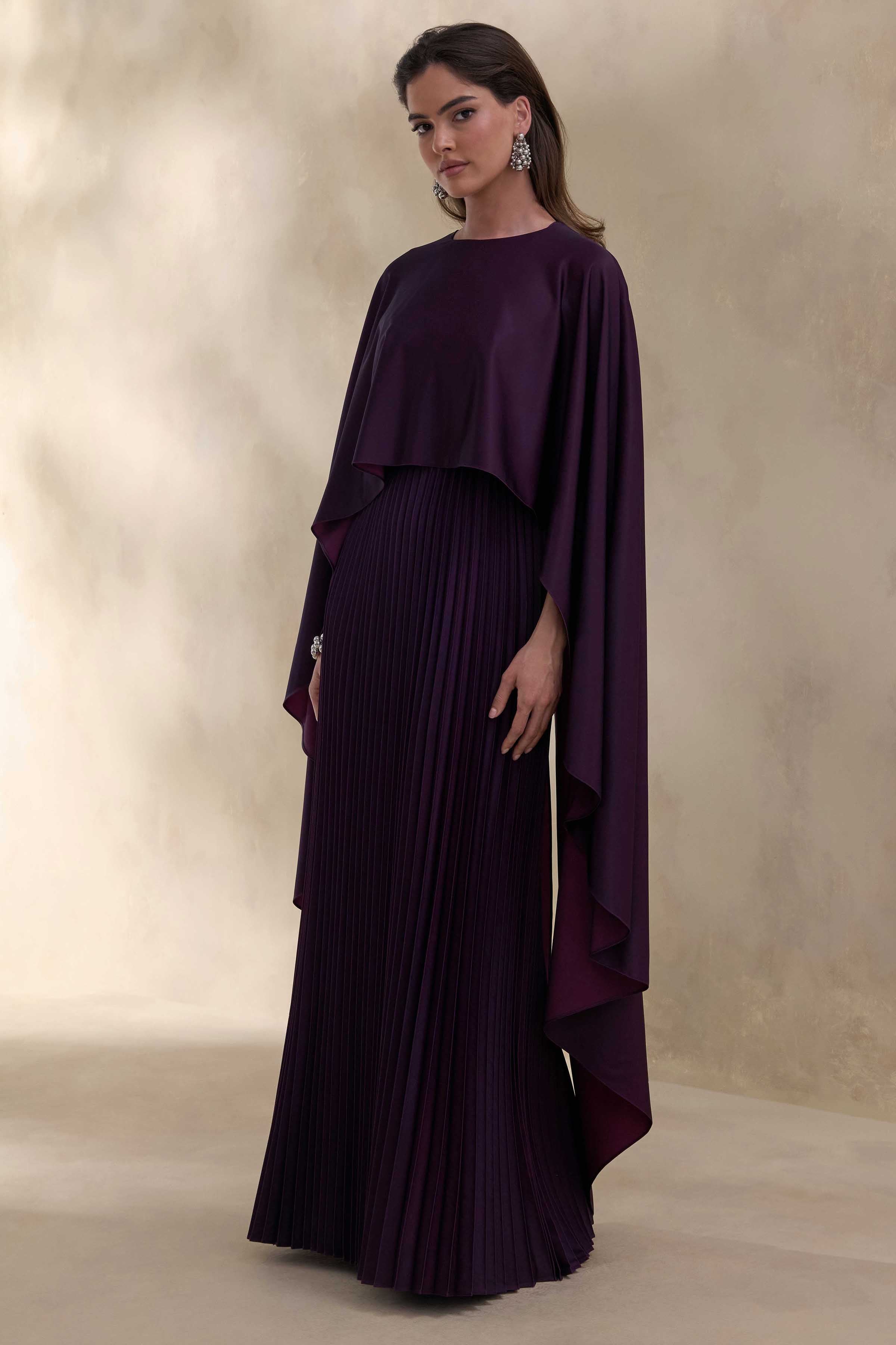 Loradia | Dark Plum Satin Round-Neck Maxi Dress With Cape-Sleeves And Pleated-Skirt