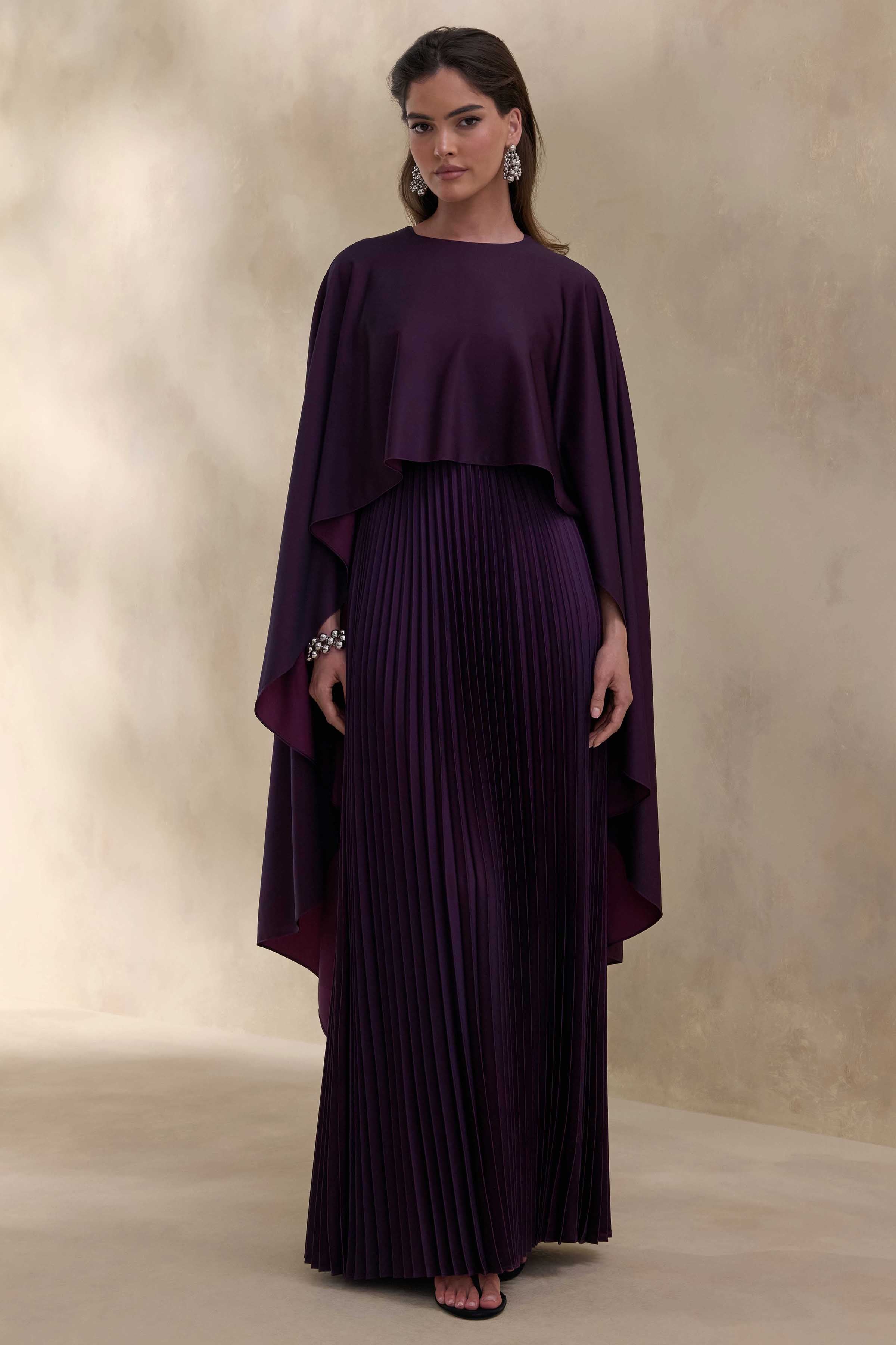 Loradia | Dark Plum Satin Round-Neck Maxi Dress With Cape-Sleeves And Pleated-Skirt