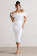 Maiden | White Lace Bardot Midi Dress With Feather Trim
