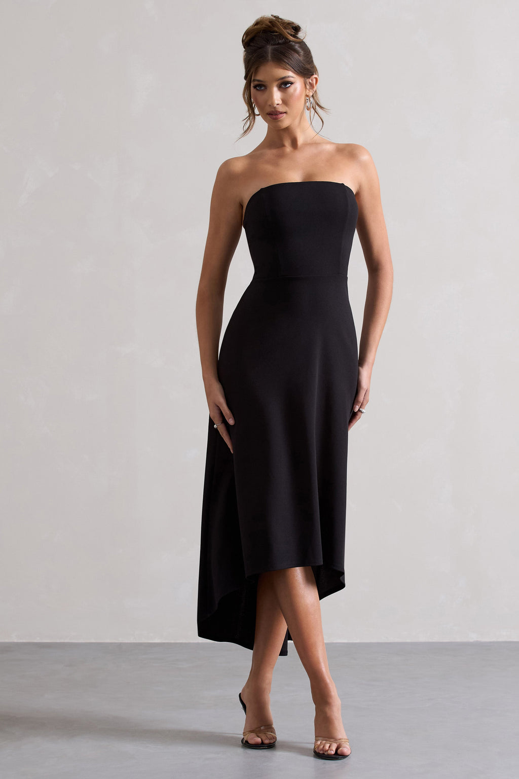 Ariela | Black Bandeau High-Low Midi Dress