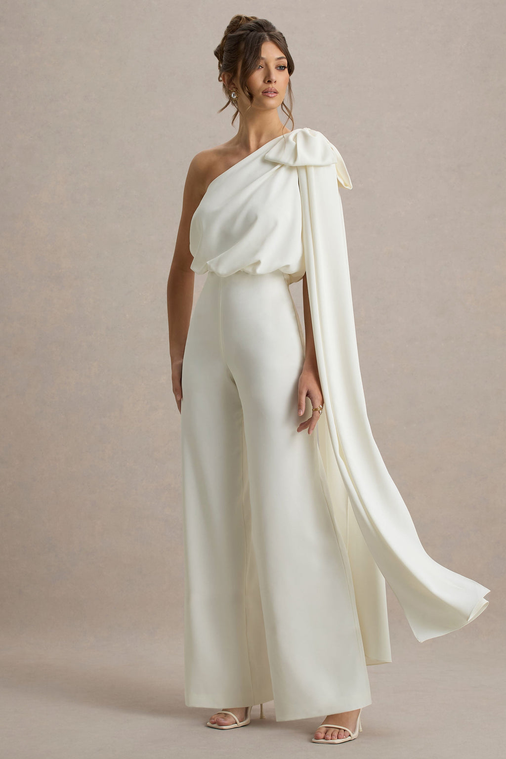 Alice | Cream Asymmetric Bow Shoulder Jumpsuit With Drape