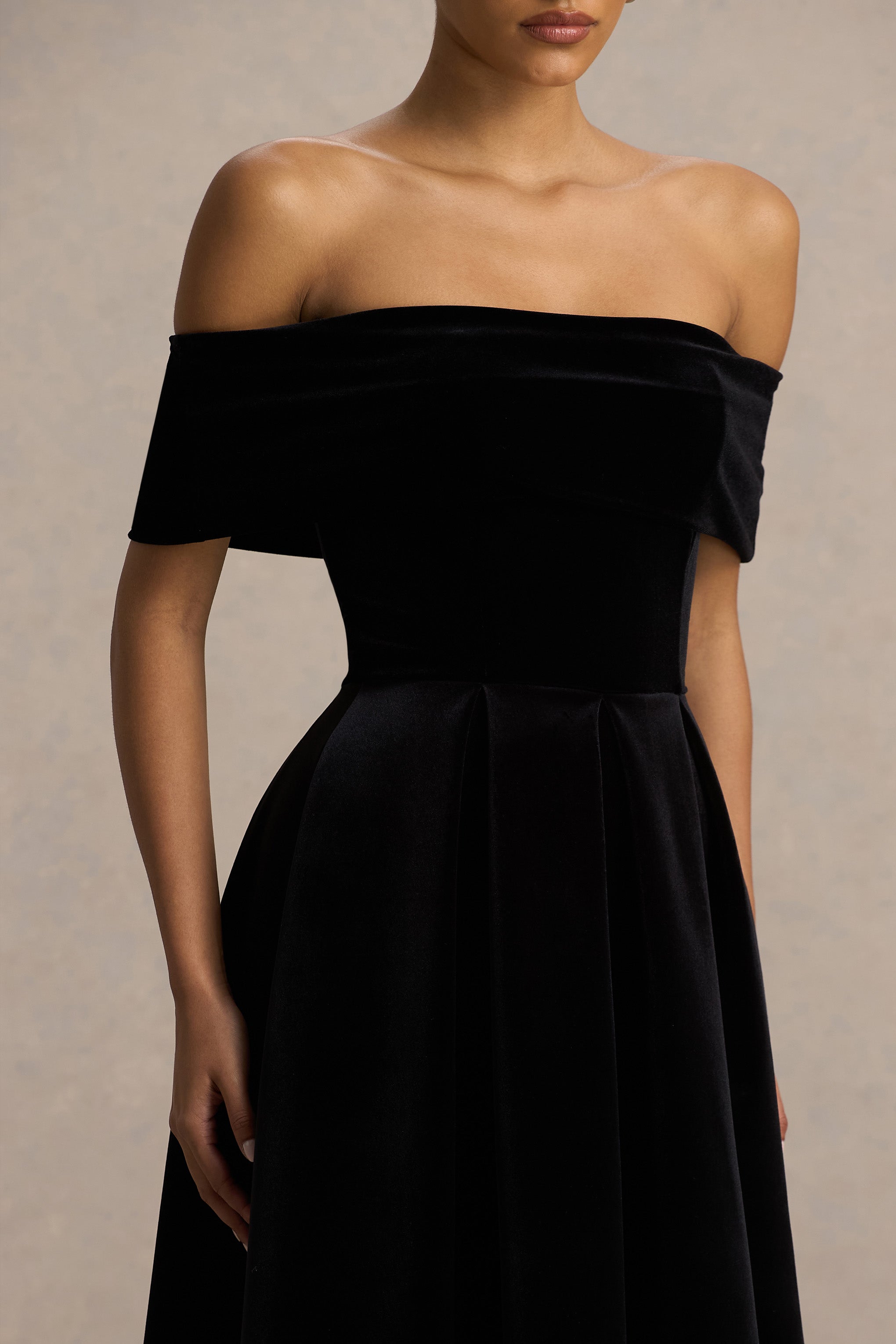 Ablaze | Black Velvet Bardot-Neck Midi Dress