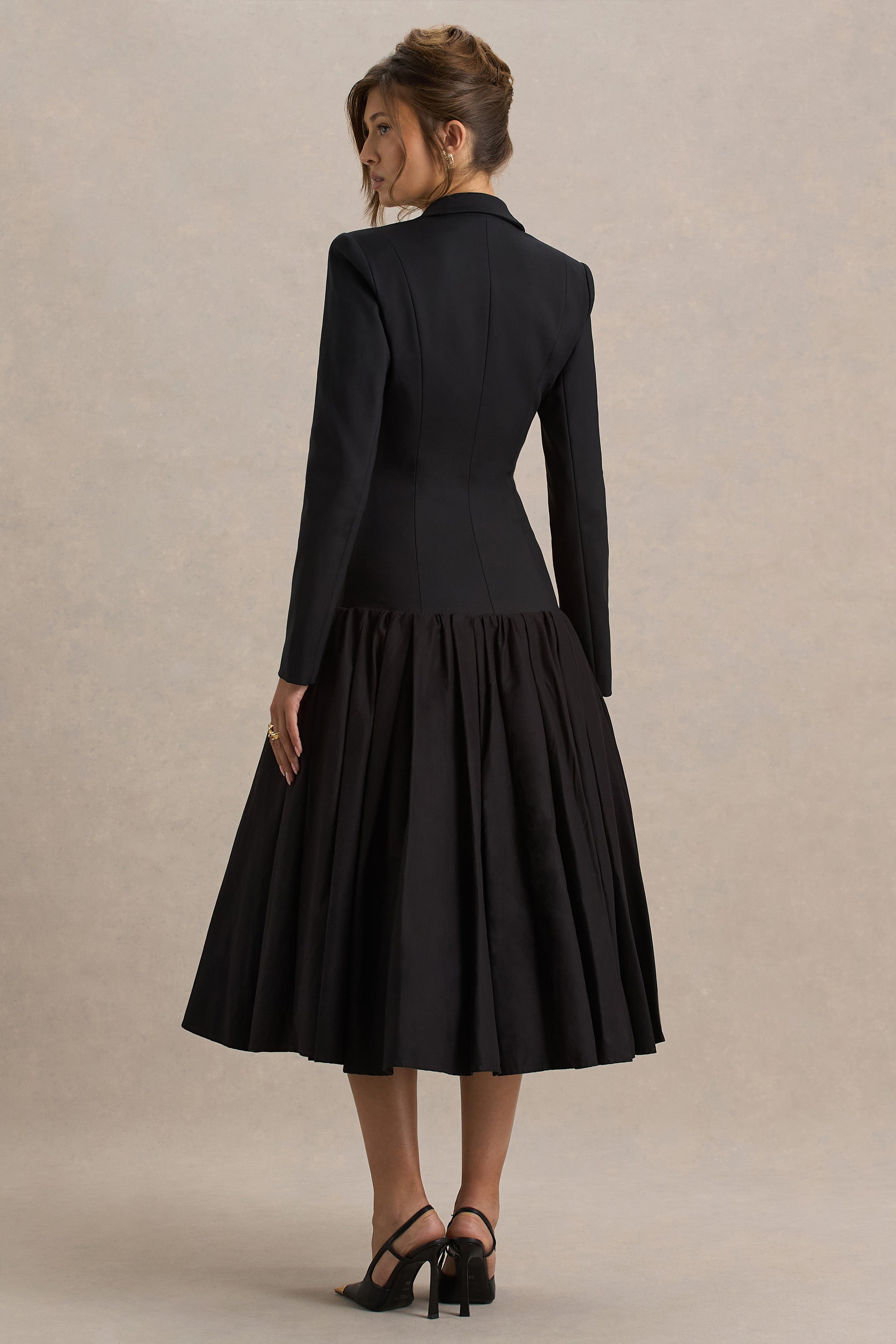 Cosmopolitan | Black Plunge-Neck Tailored Midi Dress With Pleated Hem